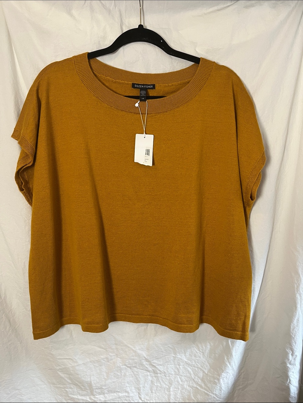 NWT Eileen Fisher Mustard Yellow Short-Sleeve Knit Top Size Large Cotton Linen